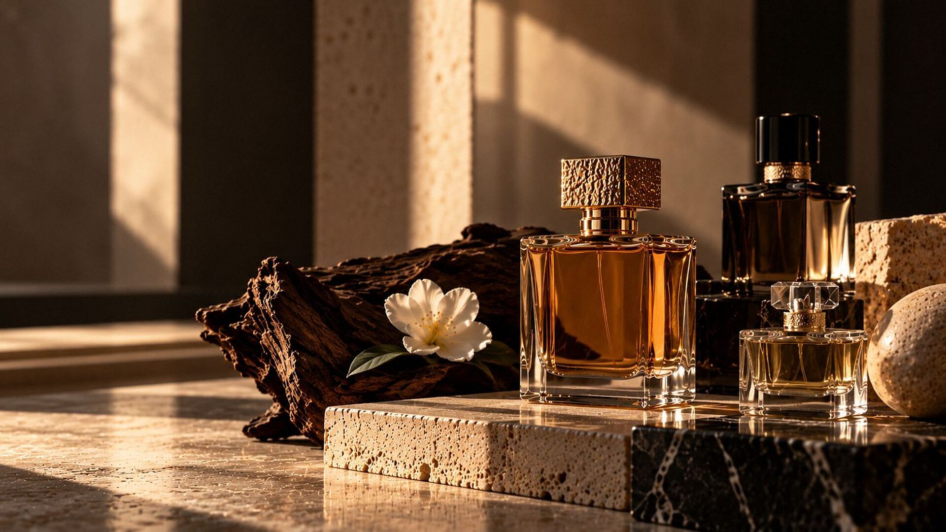 Perfume bottles on travertine and marble in late afternoon light
