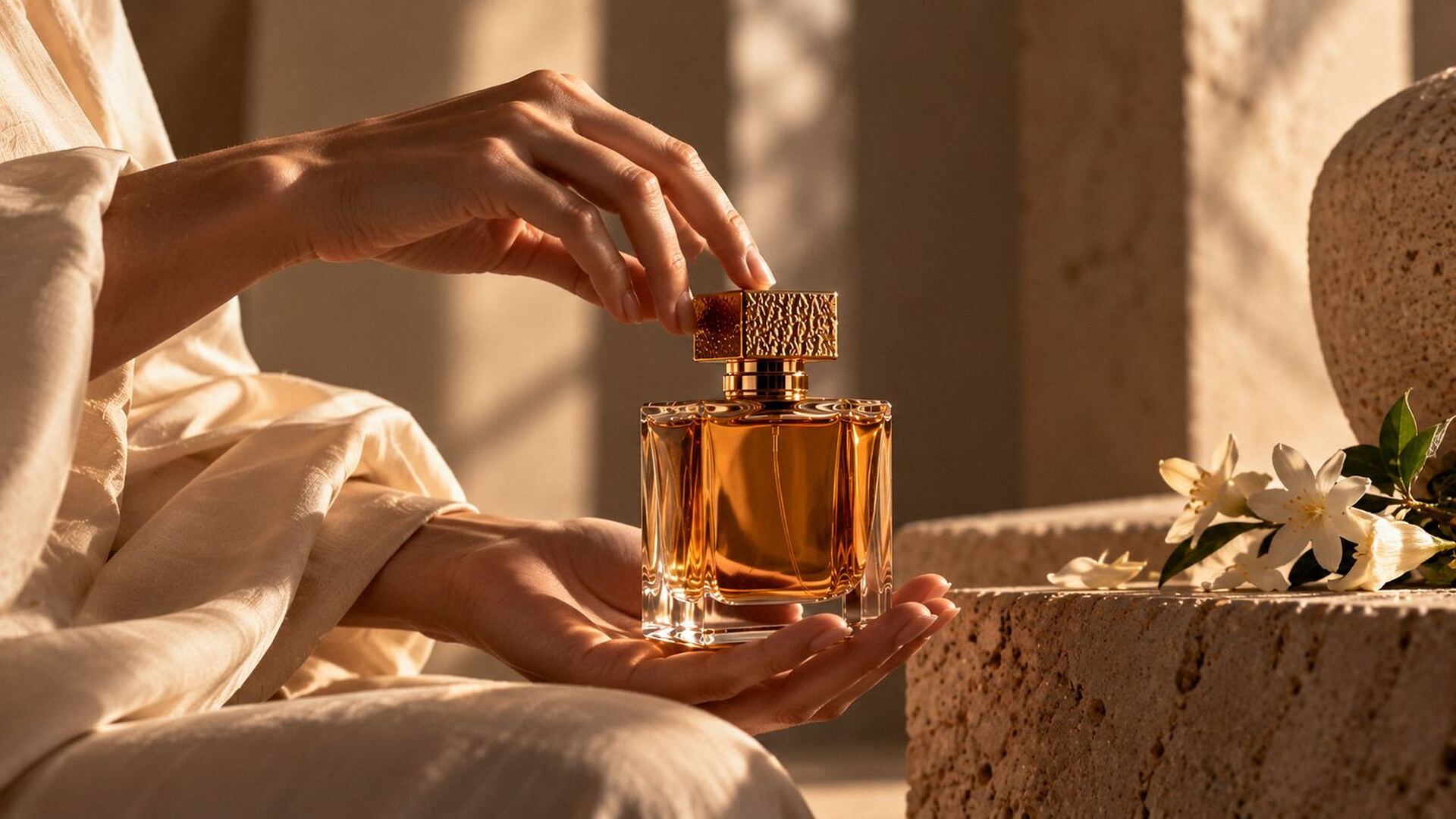 Hands holding a perfume bottle with a gold cap, beside a stone ledge with jasmine