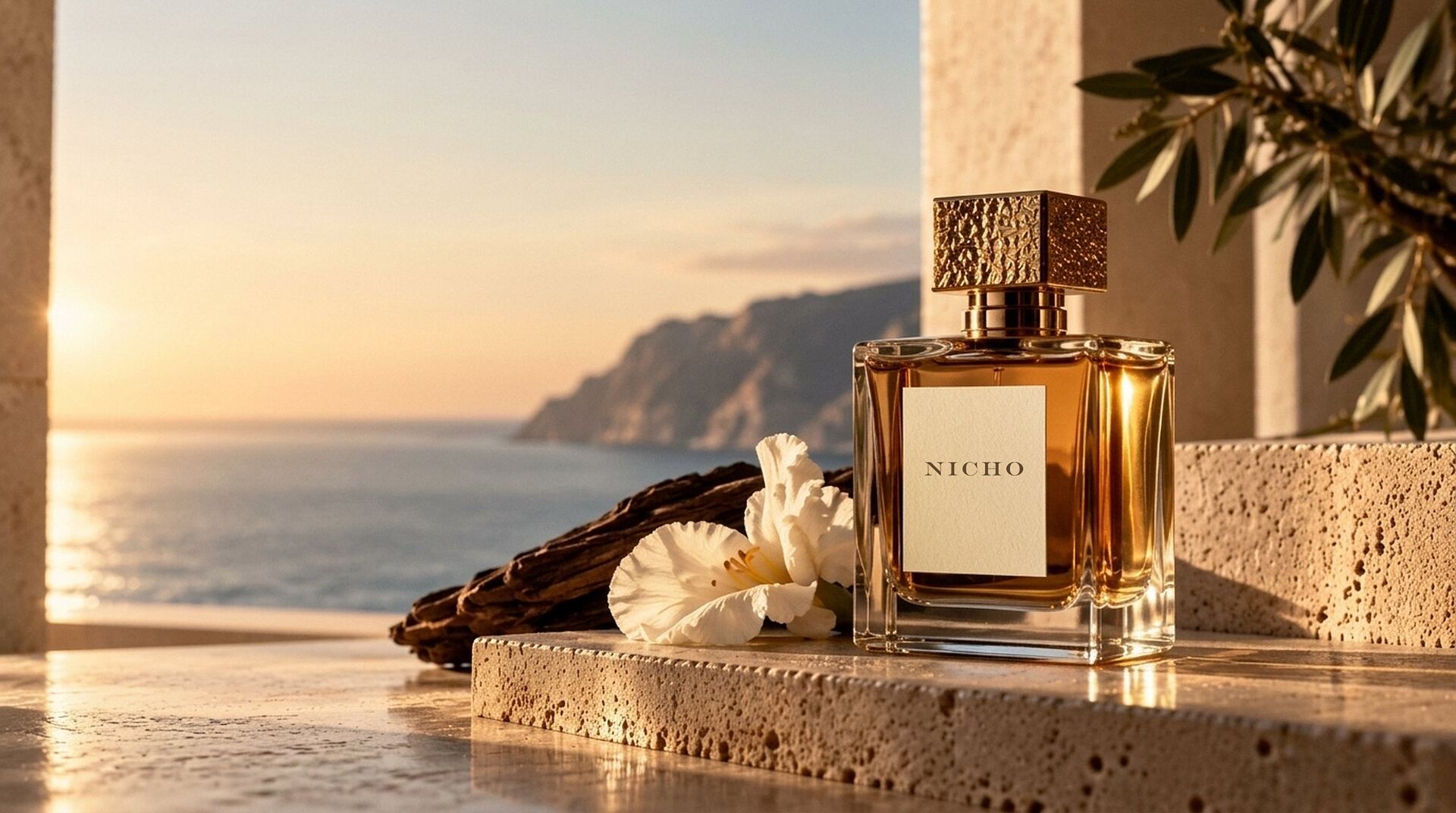 Bottle with a Nicho label on a travertine ledge, with the sea and cliffs at sunset behind